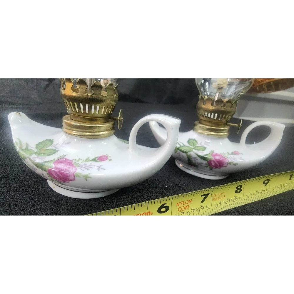 2 Vintage Miniature Aladin Oil Lamp White Porcelain Pink Rose‎ NEW OLD STOCK 80s